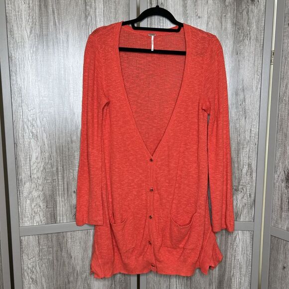 Free People Cardigan Orange Mid Length V Neckline Pockets Long Sleeve Size M - Picture 1 of 10